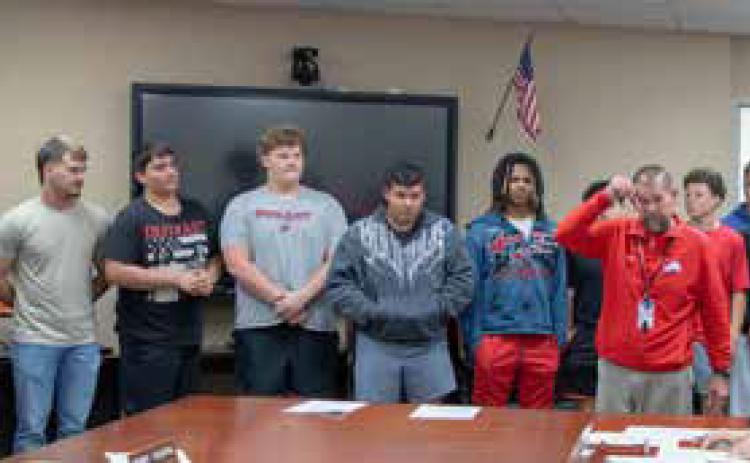 The Durant High School powerlifting team was recognized during last week’s Durant Board of Education meeting. The team became 5A state champions for the second year in a row. Matt Swearengin | Durant Democrat