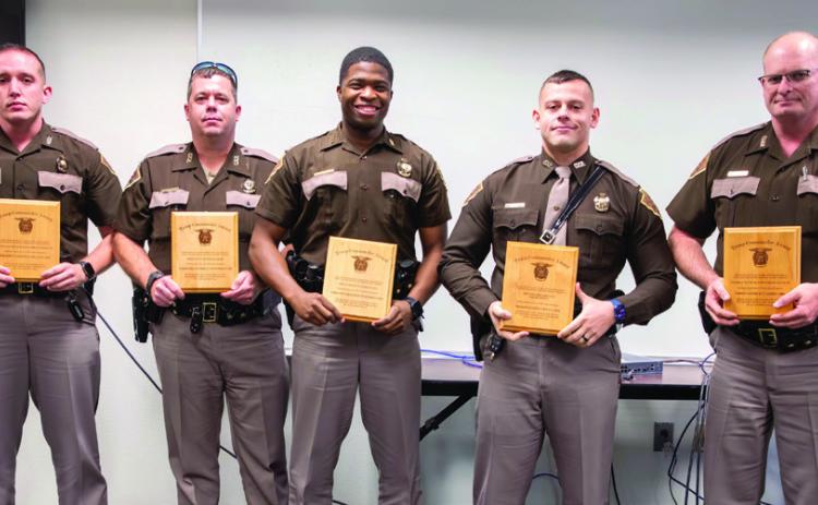 Awards were presented last week to Troop E troopers of the Oklahoma Highway Patrol. From left, Brycen Collins, Darrell Wo_ord, Sedrick Frierson, Seth Leyba and Rocky Green. Matt Swearengin | Durant Democrat