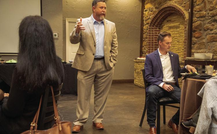 Oklahoma State Sen. David Bullard speaks during a recent State Chamber of Oklahoma luncheon at Roadhouse in Durant and also shown is State Rep. Cody Maynard. Matt Swearengin | Durant Democrat