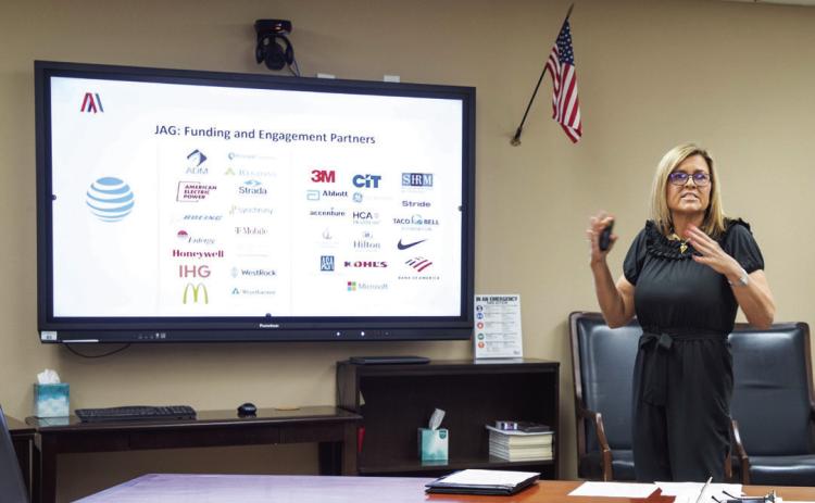 Sharlena Hamby, coordinator for Jobs for American Graduates (JAG), speaks during a recent meeting of the Durant Board of Education. Matt Swearengin | Durant Democrat