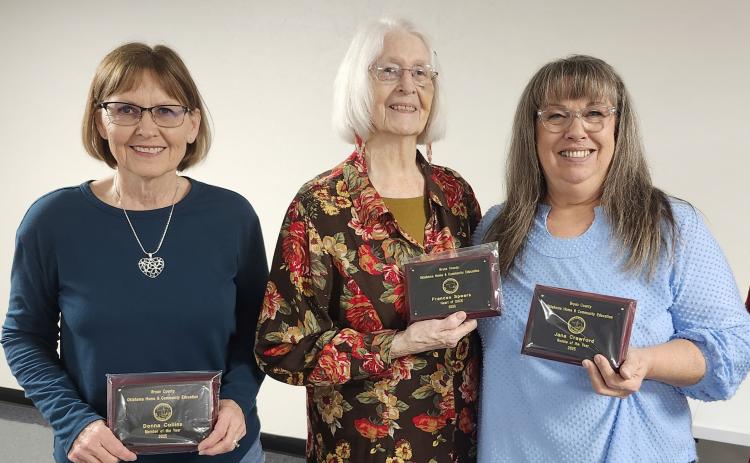 Bryan County OHCE members who received awards are, Donna Collins, OHCE Member of Year, Frances Speers, Heart of OHCE and Jana Turner, OHCE Rookie of the Year. Photo provided
