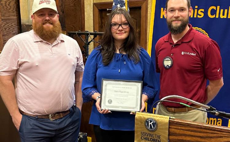 Taler Eggenberg received a Spiritual Aims Scholarship from the Kiwanis Club of Durant. Also shown are, Blake Marlow, youth pastor, and Kyle Stephens, Kiwanis President.
