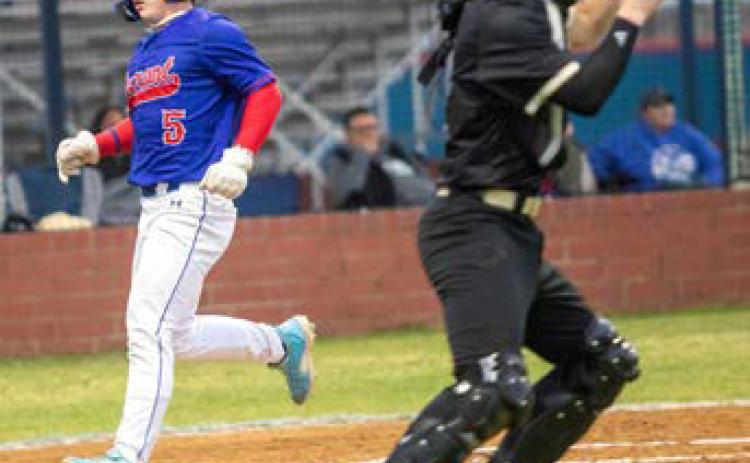 Durant Lion Aiden Diviney runs to home plate during a recent game. Matt Swearengin | Durant Democrat