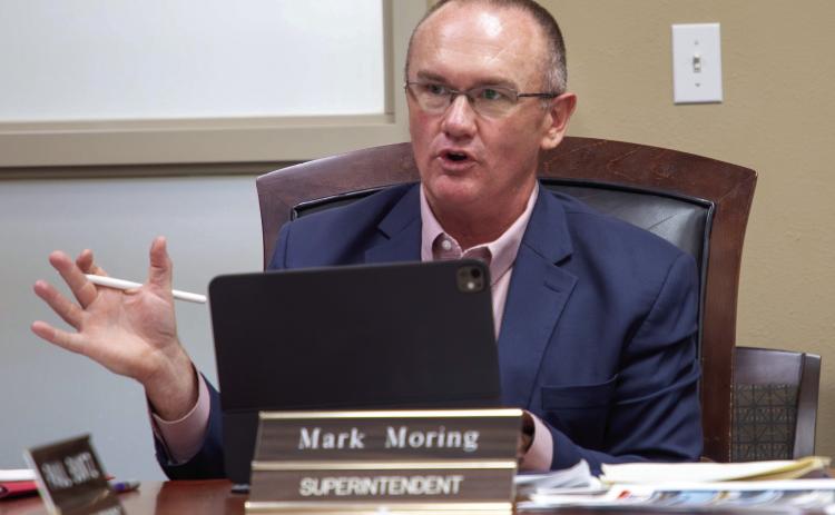 Durant Schools Superintendent Mark Moring speaks Monday during a meeting of the board of education. Matt Swearengin | Durant Democrat
