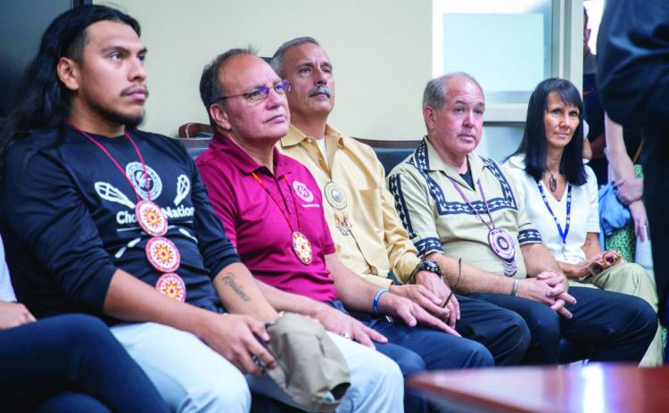 Shown second from left are, Choctaw Nation Chief Gary Batton, Assistant Chief Jack Austin Jr. and District 9 Choctaw Tribal Council Member James Dry. They were attending a Durant Board of Education meeting where Durant High School student Jordan Davenport spoke about not being allowed to wear his Choctaw regalia for a senior yearbook photo.