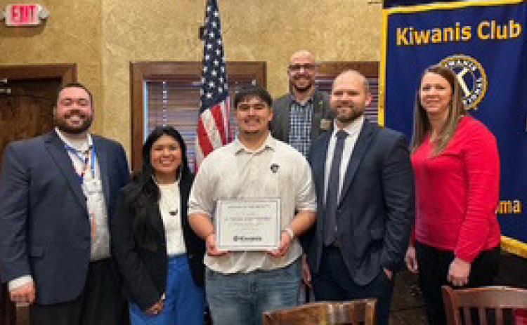 Kiwanis Durant High School December Senior of the Month is Jordan Davenport. He is shown with Matt Goddard, Crystal Davenport, President Hudson Toews and DHS Principal Amber Bullard. Photos provided