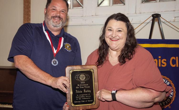 Alicia Farley was named the Kiwanian of the Year during the Kiwanis Club of Durant recent banquet and she is shown with Kiwanian Jason Manous. Matt Swearengin | Durant Democrat