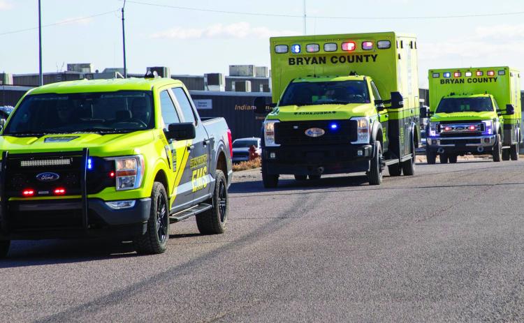 Bryan County EMS ambulances are shown in the funeral procession for paramedic Mindi Allen. Her service was last week at Bryan County EMS. Allen died in an o-duty accident at her home. Matt Swearengin | Durant Democrat