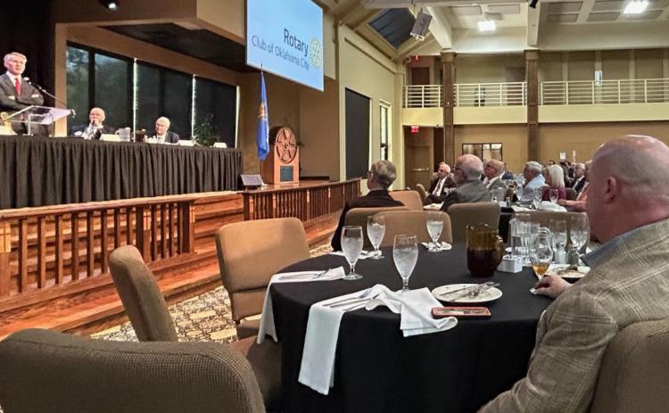 Oklahoma Institute for Child Advocacy CEO Joe Dorman (far right) listens as U.S. Sen. James Lankford, R-Oklahoma, addresses a recent meeting of the Rotary Club of Oklahoma City. In this week’s “For the Children” column, Dorman discusses “Civility Versus Hostility” in today’s political discourse. Courtesy photo