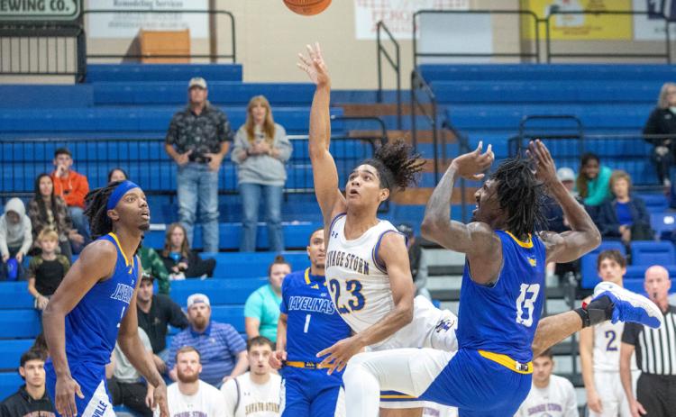 Savage Storm player DJ Dill, who previously played basketball at Caddo High School, shoots the ball during last Saturday’s home game with A&amp;M-Kingsville. Matt Swearengin | Durant Democrat