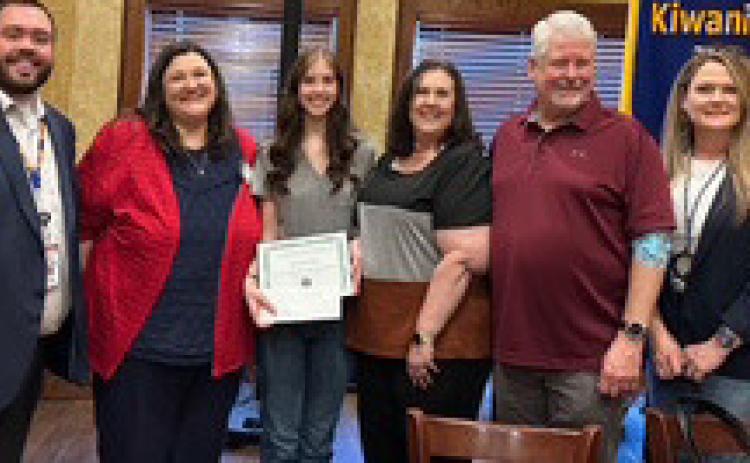 Kiwanis Durant High School Senior of the Month is Jozelynn Coffey. Also shown are Kiwanian Matt Goddard, Key Club sponsor Alicia Farley, Jozelynn’s parents Lesley Coffey and Dan Coffey and Kiwanis President Shyla Whitlock.