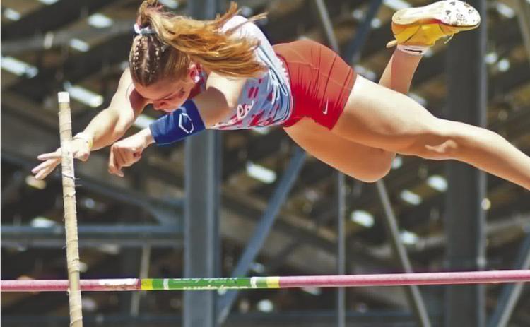 Brian Blansett | Tri-County Herald Silo Lady Rebel Khloe Harris won the first track title for the school. This is her at the pole vault at the Class 3A State Track and Field Meet in Catoosa.