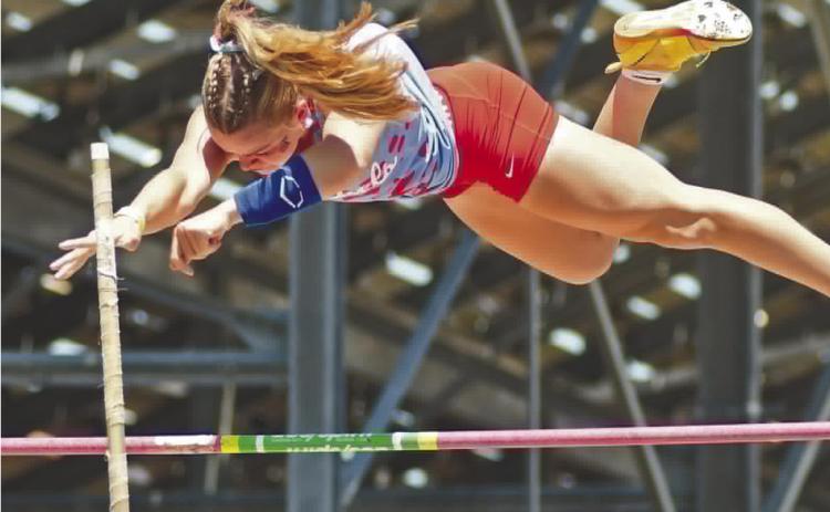 Brian Blansett | Tri-County Herald Silo Lady Rebel Khloe Harris won the first track title for the school. This is her at the pole vault at the Class 3A State Track and Field Meet in Catoosa.