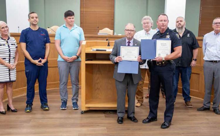 The Durant Police Department received its Oklahoma Law Enforcement Accreditation Program Large Agency Accreditation during a Durant City Council meeting, and Kevin D. McCullough, program specialist, presented certificates to Chief Jesse Petty. Also shown from left, City Manager Pam Polk, Vice Mayor Mike Simulescu, council members Clint Morrison, Danny Sherrer and Humphrey Miller, and Mayor Martin Tucker. Matt Swearengin | Durant Democrat