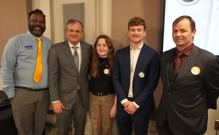 Assistant Dean of Students O.L. Kelly, Chancellor Sean Burrage, Cora McKinney, Carson Joe Veenstra, and Rodger Nixon are shown at the Oklahoma’s Promise program. Photos provided