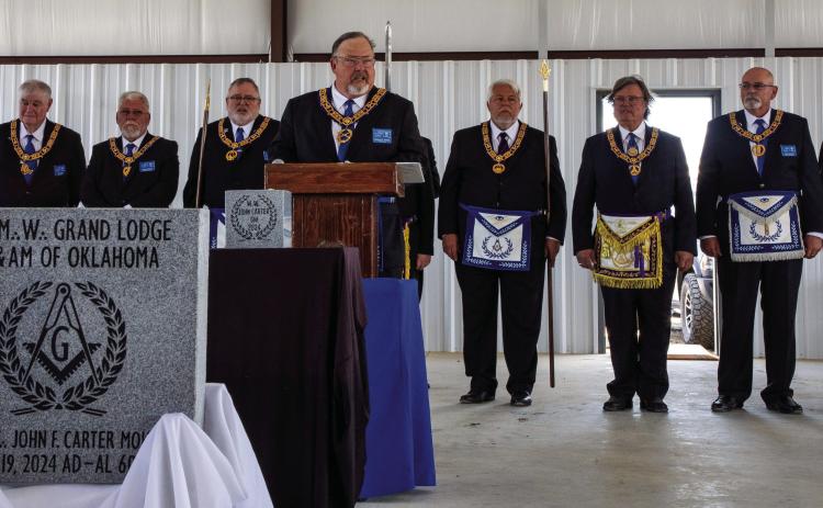 Michael S. Wright, grand marshal of The Grand Lodge of Oklahoma, speaks during a cornerstone dedication ceremony Sept. 19 at the Bryan County EMS building that is under construction. Matt Swearengin | Durant Democrat