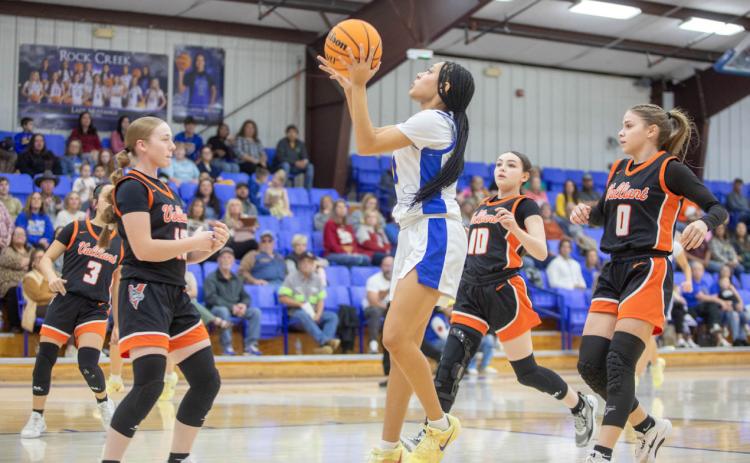 Rock Creek Lady Mustang Carlaysia Brown is about to shoot the ball. Matt Swearengin | Durant Democrat