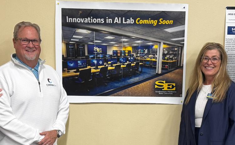 CrainCo is the funding of construction of the new “CrainCo AI Innovation Lab” at Southeastern Oklahoma State University’s John Massey School of Business. From left, President Dr. David Whitlock, Scott Crain, Dr. Rhonda Richards and Dr. Eric Kennedy. Photo provided