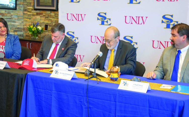 Southeastern and University of Nevada Las Vegas announced a partnership on Monday. From left, Tammi Tiger, Director of the Tribal Education Initiative at the UNLV Harrah College of Hospitality; Dr. David Cárdenas, Dean of the UNLV Harrah College of Hospitality; Dr. David Whitlock, President of Southeastern Oklahoma State University; and Chad Harp, Executive Director of Tribal Relations at Southeastern Oklahoma State University. Matt Swearengin | Durant Democrat
