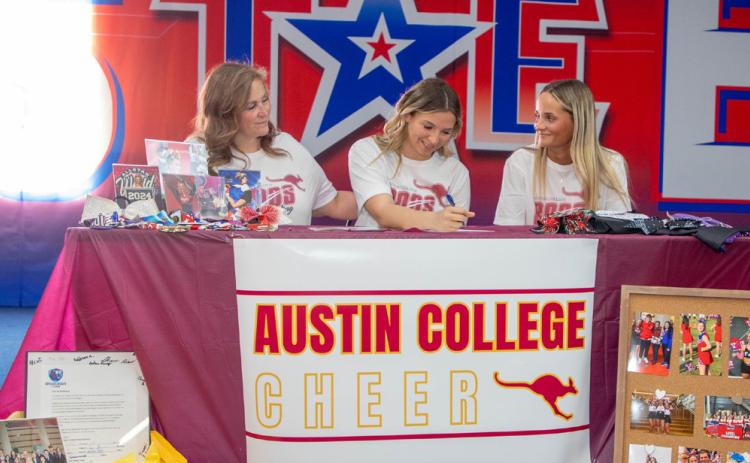 Cecilee Hill has signed to cheer for Austin College in the 2026-2027 school year. Also shown are her mother Melissa Hill and sister Kinlee Hill. Matt Swearengin | Durant Democrat