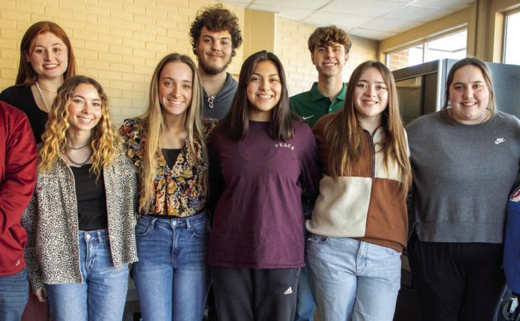 Durant High School senior choir members were recognized at a recent meeting of the Durant Board of Education. Front row, left, Dallas Williams, Kyia Dalton, Chloe Henderson, Marlen Ortiz, Jaygen Guilbeau, Haley McNeill, and director, Heather McNeill. Back row, left, director Hannah McDonald, Matthew Duren and Tanner Piearcy. Matt Swearengin | Durant Democrat