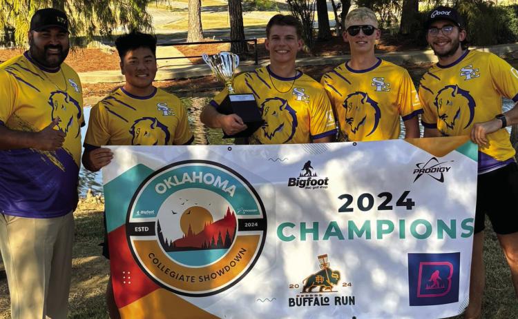 Southeastern Oklahoma State University Disc Golf Club team members are, Andrew Palmer, Daniel Lasater, Joey Reiter and Chase Taylor. The team earned a Division championship at the Oklahoma Collegiate Showdown. Photo provided