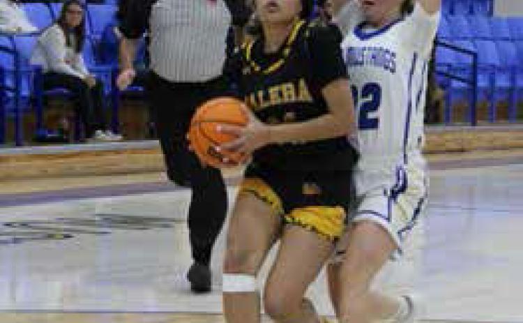 Calera Lady Bulldog Carlaysia Brown and Rock Creek Lady Mustang Brooke Crenshaw are shown in last week’s game at Rock Creek. Kevin Farr | For the Democrat