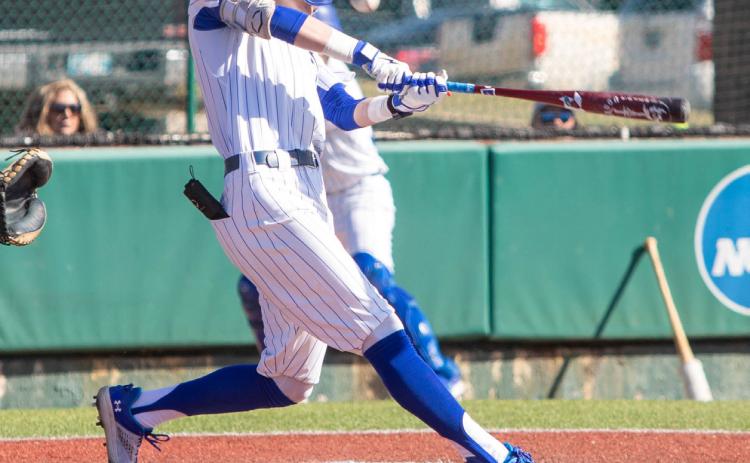 Savage Storm baseball player Gage Dollins swings at the ball in the home game with Henderson State. Matt Swearengin | Durant Democrat