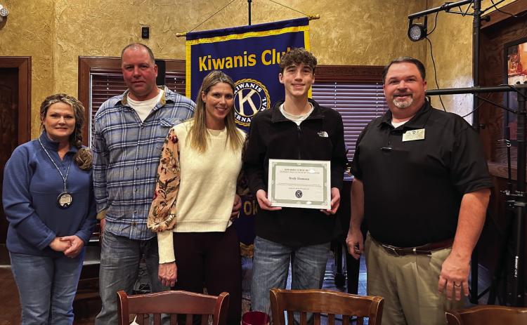 Kiwanis Durant High School Senior of the Month for November is Brady Thomann. Also shown are Kiwanis President Shyla Whitlock, parents, Brian Thomann and Ashley Thomann, and Kiwanian Jason Manous. Photos provided