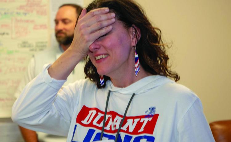 Durant High School history teacher LeaAnn Wyrick reacts after learning she was named the district-wide Teacher of the Year. Matt Swearengin | Durant Democrat