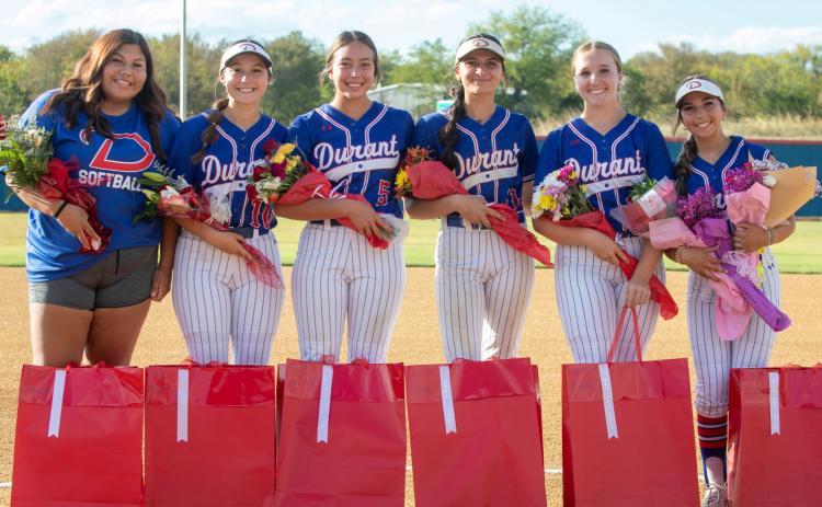 Durant Lady Lion softball seniors were honored during senior night before a game Sept. 17. From left, Aniyah Scott, Macee Hall, Lylith Harris, Raelynn Clark, Addi Pratt and Rachel Spencer. Matt Swearengin | Durant Democrat