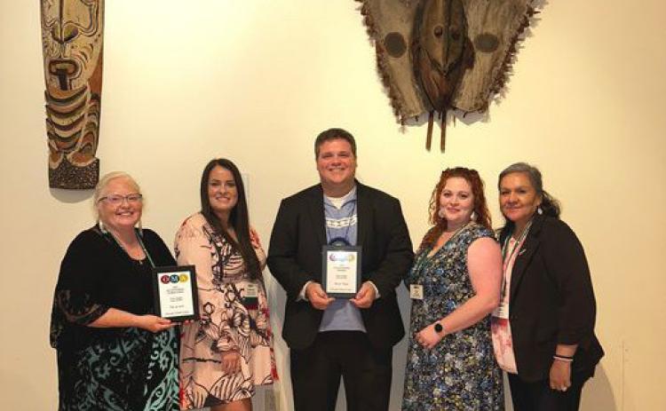 Representing the Choctaw Cultural Center at the Oklahoma Museum Association’s Awards Banquet are, from left, Sandy Vigil, director of Education; Cheyhoma Dugger, director of Development and Membership; Dr. Scott Wesley, senior director; Alex Gough, director of Collections, and Kerry Steve, director of Arts. Photo provided