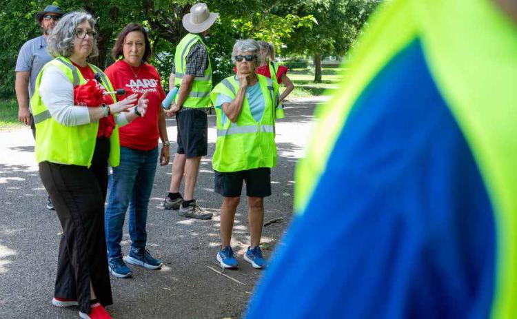 “Walkabouts” were held June 23 on Fifth and Sixth avenues to determine the walkability of the streets and discuss ways to improve them. Shown in the middle is Mashell Sourjohn of AARP Oklahoma, who assisted with the walks that were organized by the Durant Sustainability Coalition and Durant Trails &amp; Open Space. Matt Swearengin | Durant Democrat