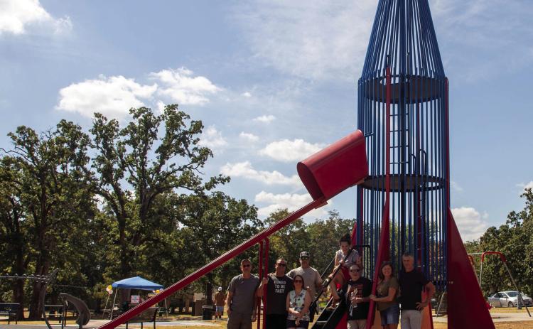 ABOVE: Members of Durant High School Class of 1989 and family and friends met Saturday for a Relaunch the Rocket family picnic at Dixon Durant Park. Front row, left, Billy Hunnicutt, Chris Stanfield (89), Kim Bigham-Sawyer (89), Chad Huggins, Kim Swaord Brock (89) and Merle Nazworth (89). In the back are Kyle Wood (89) and Angie Thomas Stephens (89). Classmates also met at Rock House Vineyard that evening. Matt Swearengin | Durant Democrat