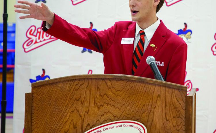 Silo High School senior Brandon Weibel is the National FCCLA President for 2024-2025 and he spoke at a recent assembly. Matt Swearengin | Durant Democrat