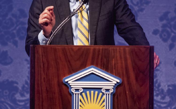 Sean Burrage, former president of Southeastern, has been named the next Chancellor of Oklahoma State System of Higher Education. He is shown speaking while president of SE. Dan Hoke | SE