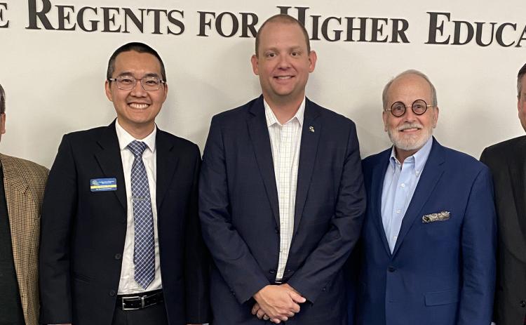 Southeastern has been awarded a grant from state regents for AI programs. From left, Dr. Ming-Shan Su, professor of computer science;Dr. Arthur Tran, assistant professor of finance; Dr. Eric Kennedy, chair of the department of Management and Marketing and interim chair of the department of Accounting and Finance; Dr. David Whitlock, President of Southeastern Oklahoma State University; Sean Burrage, Chancellor of the Oklahoma State System of Higher Education
