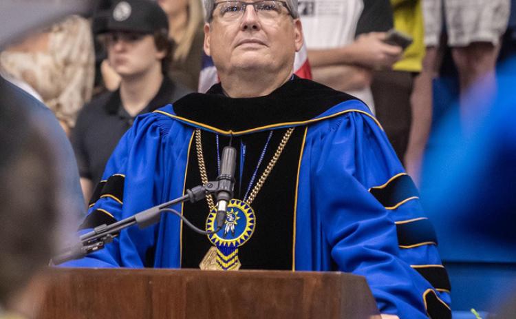 Southeastern President Dr. Thomas W. Newsom speaks at the Spring 2024 commencement ceremonies Dan Hoke | SE