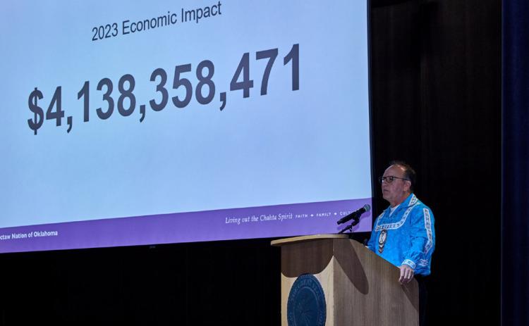 Choctaw Nation Chief Gary Batton speaks about the tribe’s economic impact during a conference last week. Photo provided | Choctaw Nation