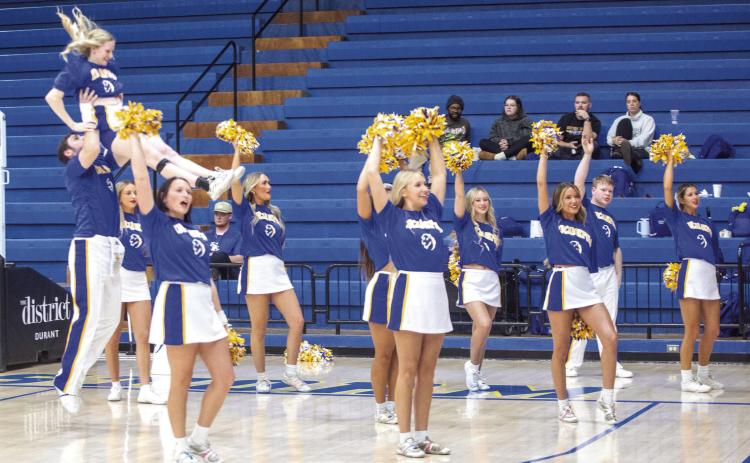 Matt Swearengin | Durant Democrat Southeastern Oklahoma State University cheerleaders performed during Savage Storm basketball games Jan. 29 at Bloomer Sullivan Arena.