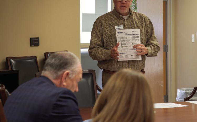 Lane Jackson, director of the Kiamichi Technology Center’s Durant campus, speaks during a recent meeting of the Durant Board of Education. He spoke of the partnership between KTC and the Durant School District. Matt Swearengin | Durant Democrat