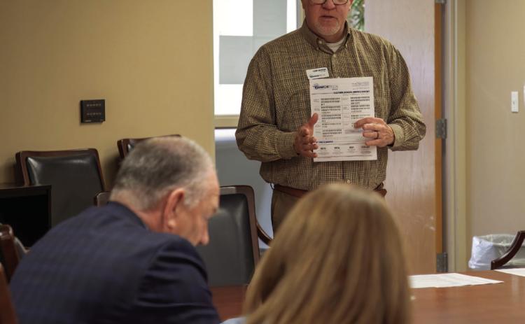Lane Jackson, director of the Kiamichi Technology Center’s Durant campus, speaks during a recent meeting of the Durant Board of Education. He spoke of the partnership between KTC and the Durant School District. Matt Swearengin | Durant Democrat