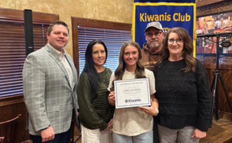 Kiwanis January Bryan County Senior of the Month is Tori Allmon representing Calera High School. She is shown with Kiwanian Ryan Richardson, School Counselor Macy Bryant, and her parents Bobby Allmon and Shawn Allmon.