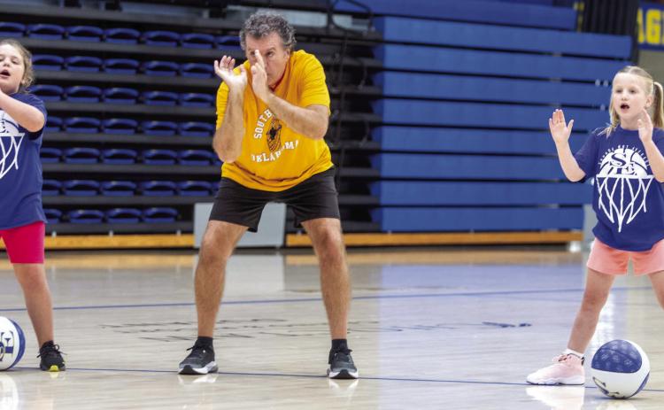 Southeastern men’s head basketball coach is shown during the recent Savage Storm basketball camp for grades kindergarten through 8th grade. Matt Swearengin | Durant Democrat