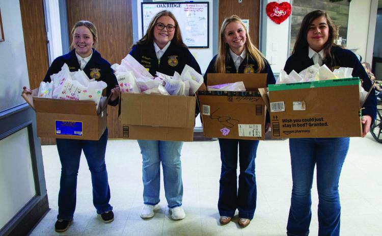 Durant FFA students Bailee Varner, Ava Converse, Annie Miller and Bethany Randolph visited Oak Ridge Nursing Center last Friday to hand out goodie bags and wish the residents a Happy Valentine’s Day. Matt Swearengin | Durant Democrat