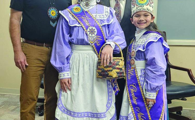 Choctaw Nation Junior Miss Daryan Eubanks and Little Miss Ava Davenport were recognized during a Monday meeting of the Durant Board of Education. Also shown are, Choctaw District 9 Council Member James Dry, left, and Durant Superintendent Mark Moring. Matt Swearengin | Durant Democrat
