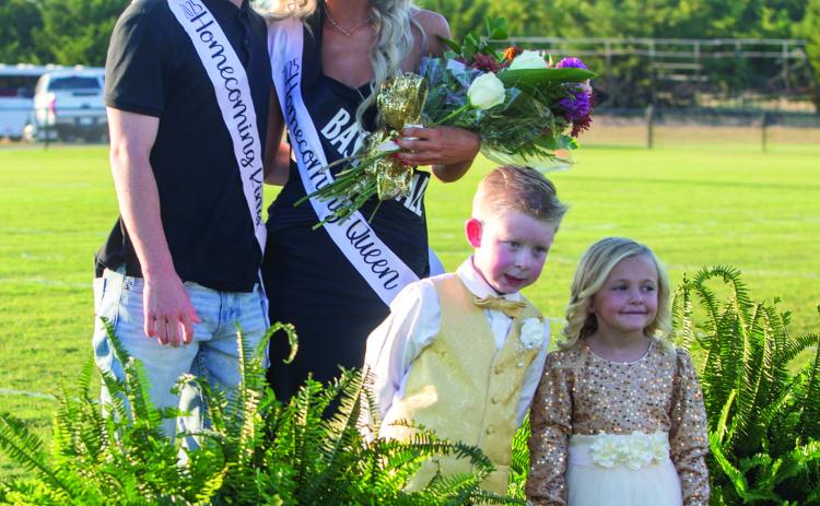 Caddo Bruins Homecoming King and Queen are Kale Brister and Brilee Tyson, both representing basketball. They were named during a ceremony before last Friday’s football game. Junior attendants are Audrea Aguirre and Cade Millermon. Matt Swearengin | Durant Democrat