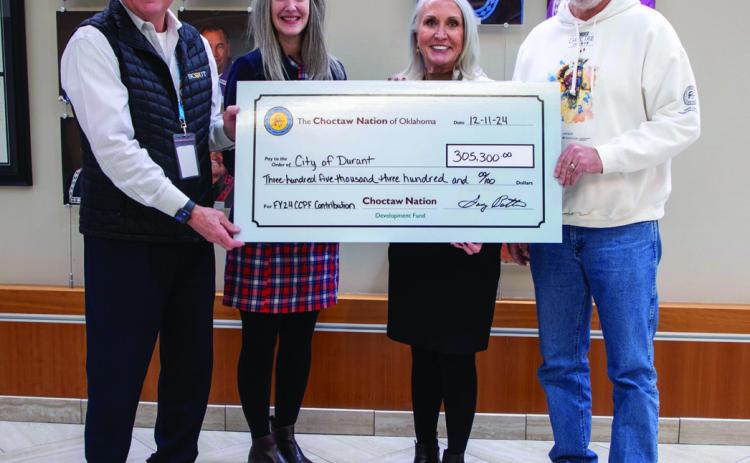 The Choctaw Nation presented $305,300 in funds to the City of Durant as part of the tribe’s partnership with the city. From left, Durant Mayor Martin Tucker, Economic Development Director Kathy Moore, City Manager Pam Polk and Choctaw District 9 Council Member James Dry. Matt Swearengin | Durant Democrat