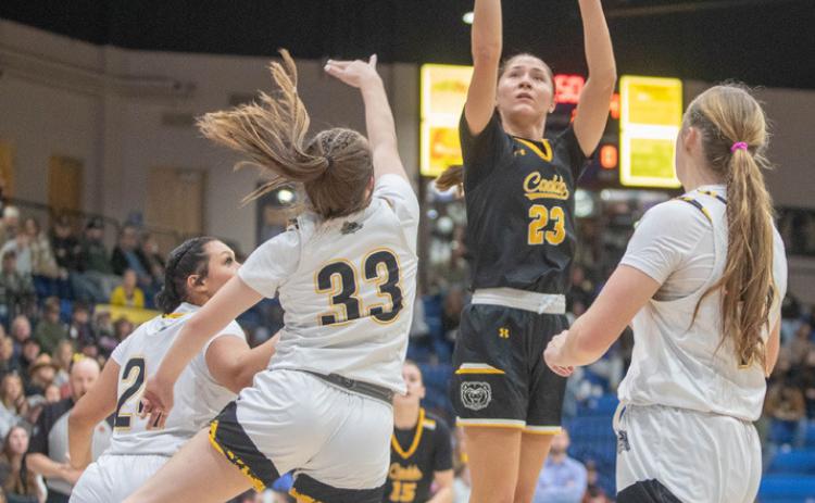 Caddo Lady Bruin Jaycie Nichols shoots the ball during the recent Bryan County Tournament championship game with Calera. Matt Swearengin | Durant Democrat