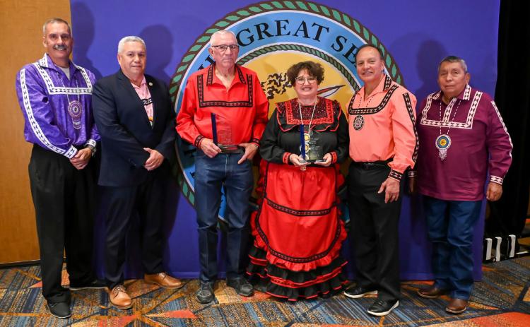 Tribal leaders pose with the winners of the 2024 Outstanding Elders. From left, Assistant Chief Jack Austin, Jr., Tribal Council Member Eddie Bohanan, Jerry Bohanan, Gina Self, Chief Gary Batton and Tribal Council Member Perry Thompson. Photo provided | Choctaw Nation